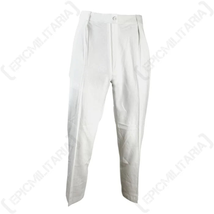 Side perspective view showing the tailored high-waisted cut of British women's white military trousers