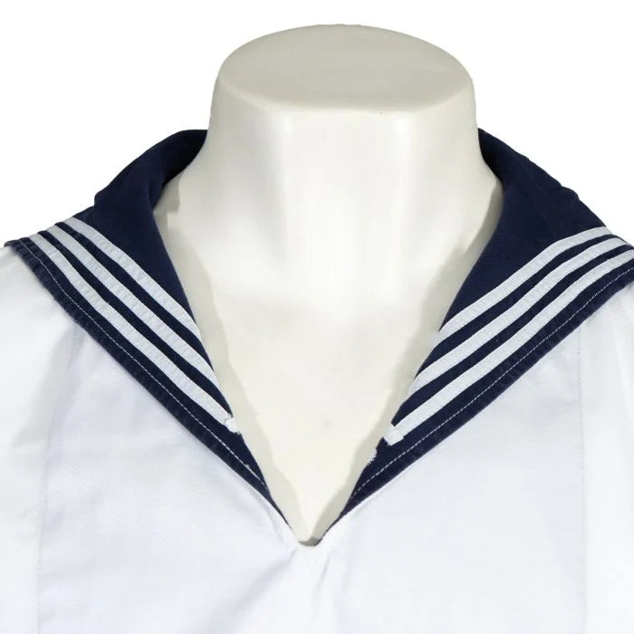 Close-up of the V-neck opening and navy blue sailor collar on the German Navy shirt