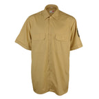 Original unissued German police short sleeve tan shirt featuring a button-up front, two chest pockets, and Polizei patch on the sleeve.