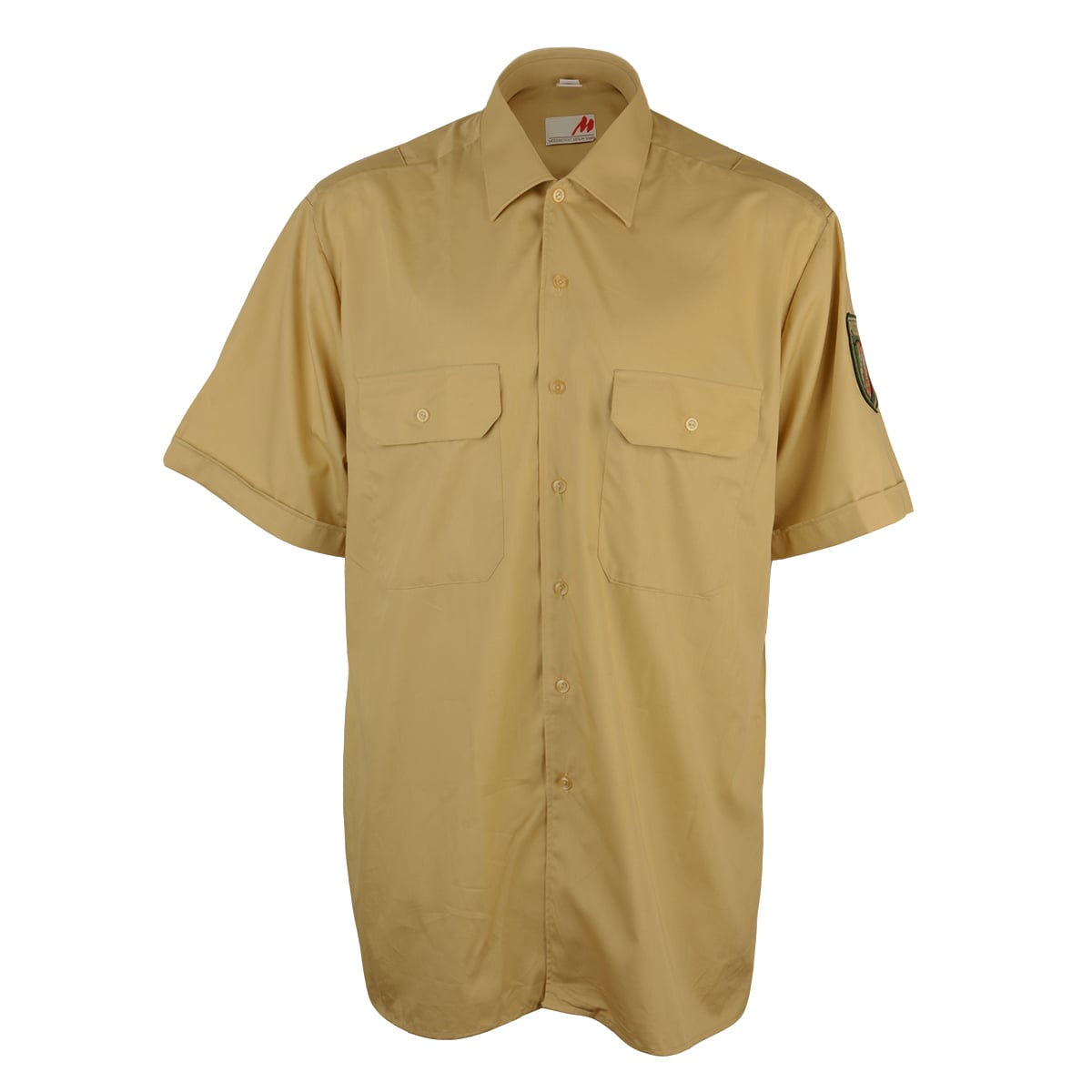 Original unissued German police short sleeve tan shirt featuring a button-up front, two chest pockets, and Polizei patch on the sleeve.