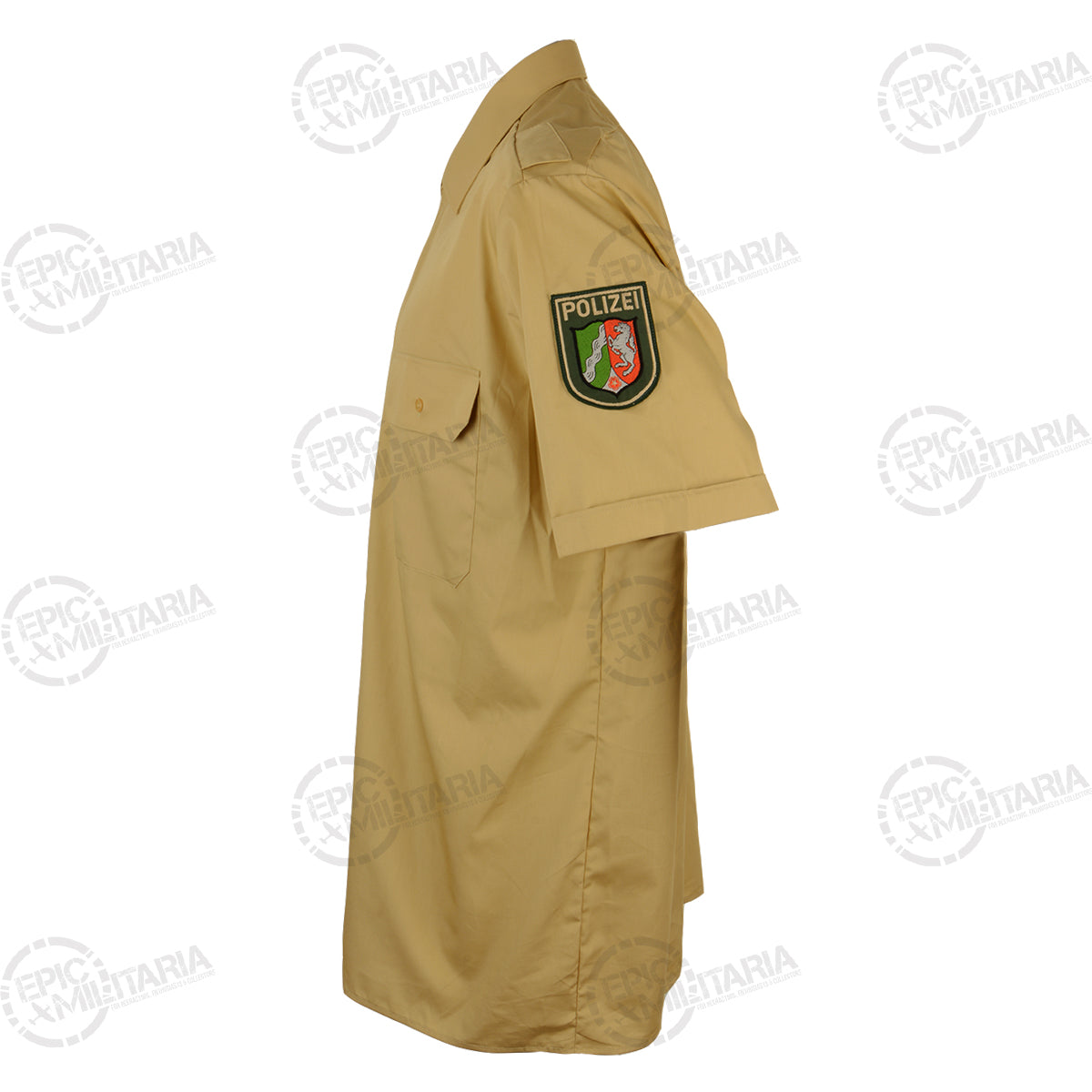 Side profile of the German police tan utility shirt showcasing the embroidered Polizei insignia with German coat of arms on the sleeve.