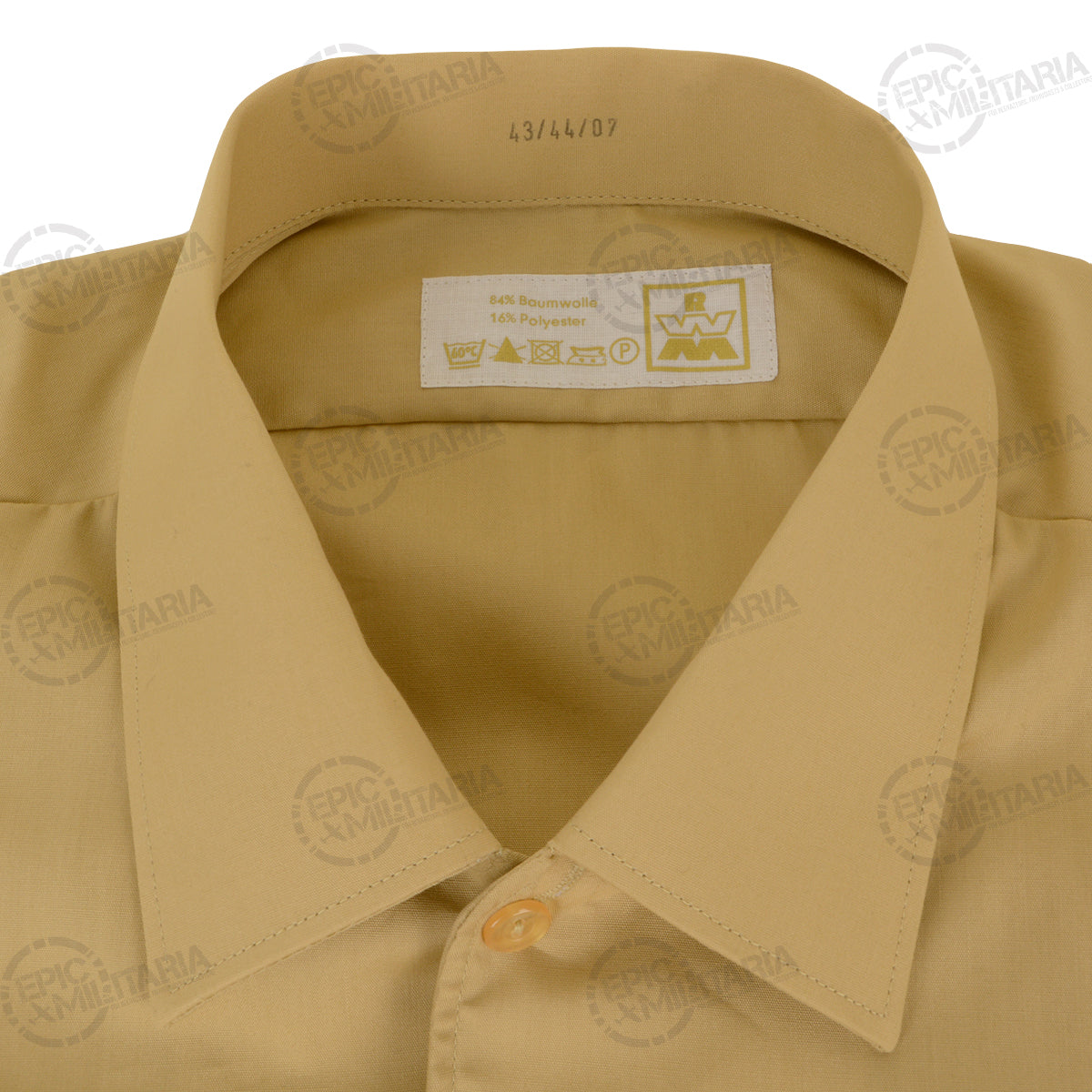 Close-up view of the shirt collar showing the manufacturer label, size tag, and care instructions for the German police cotton-polyester uniform.