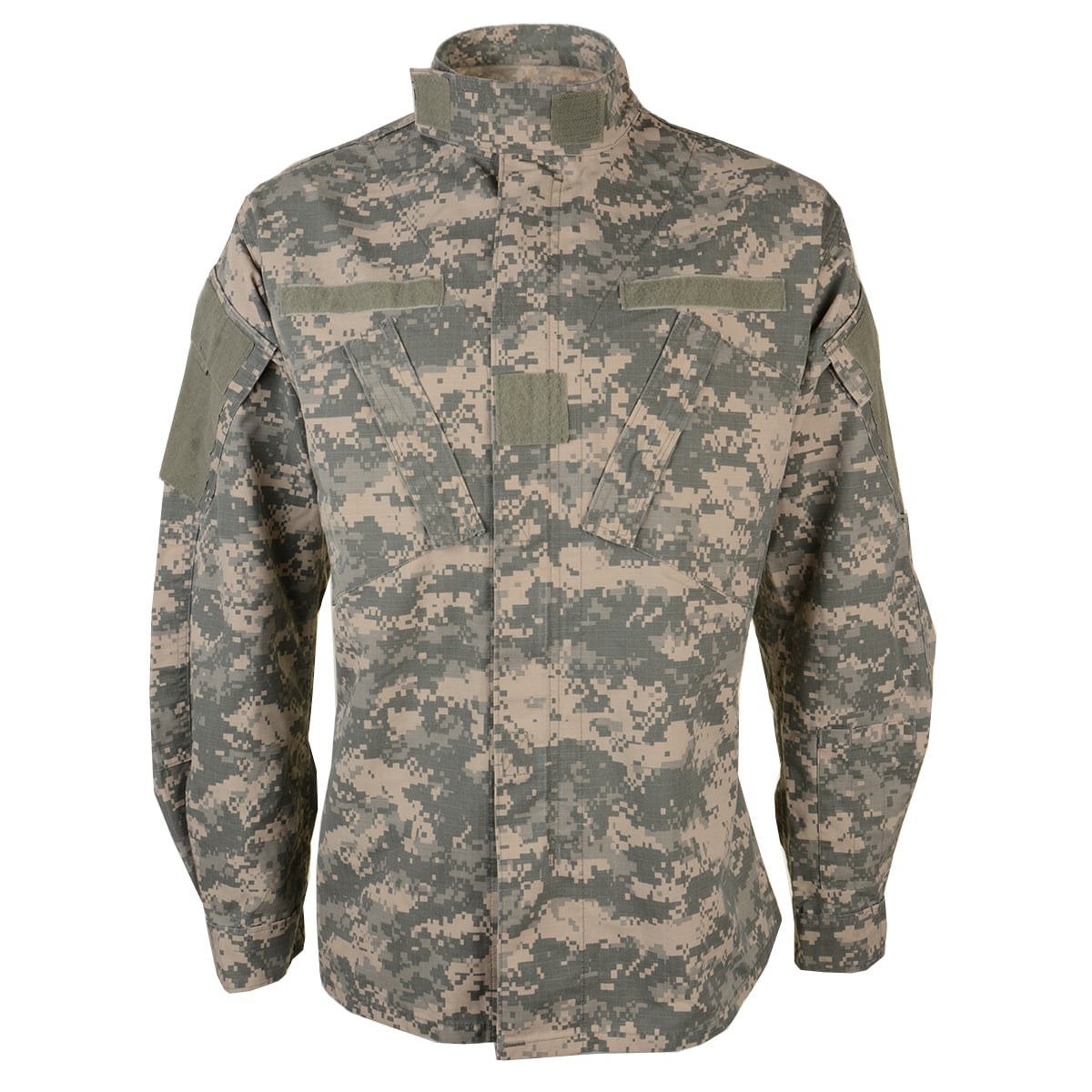 Front view of an authentic US Army ACU field jacket featuring digital camouflage pattern and mandarin collar.