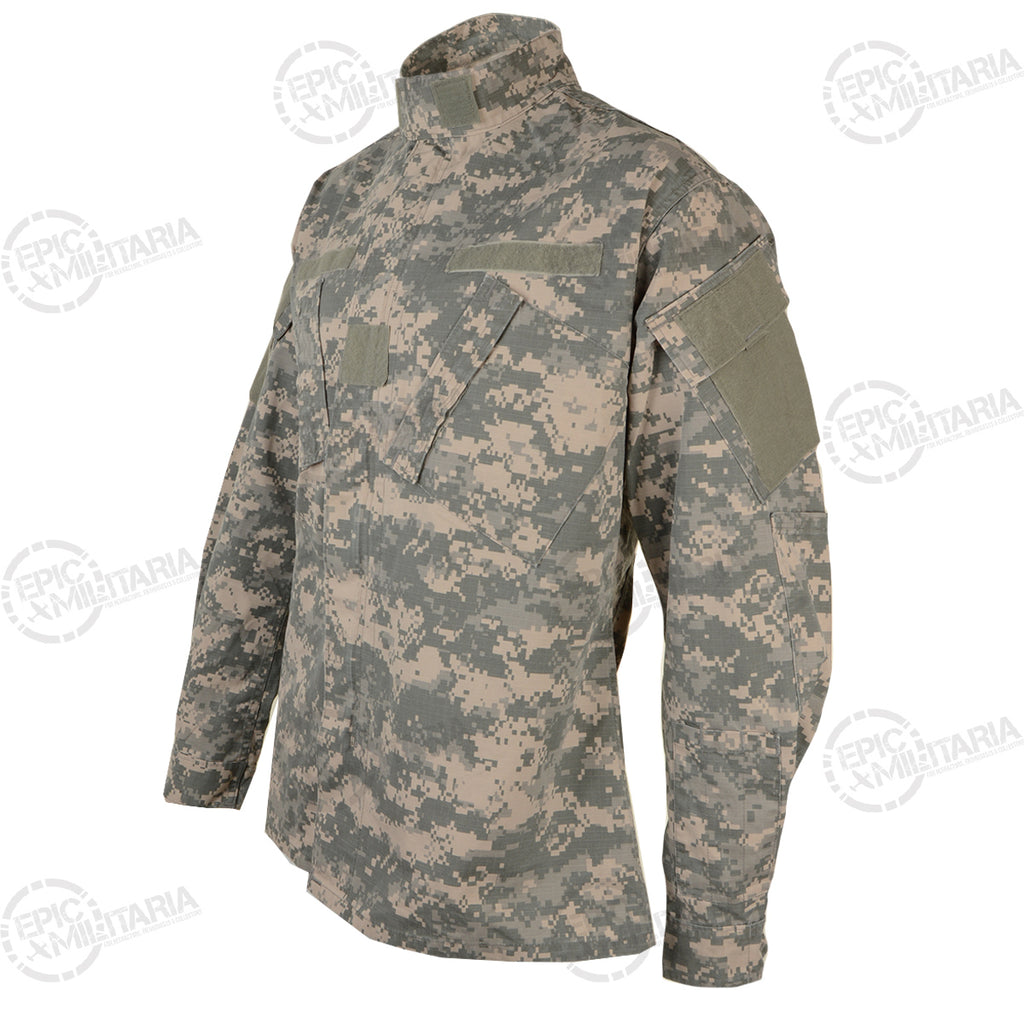 Three-quarter angle view of a genuine military surplus ACU field jacket showing sleeve pockets and hook-and-loop panels.
