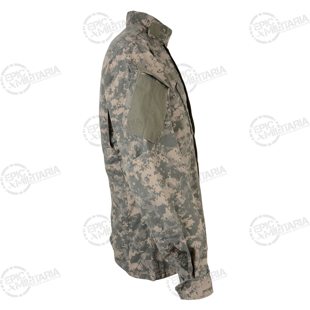Side profile of the US Army ACU field jacket, highlighting the durable ripstop fabric construction and sleeve storage.