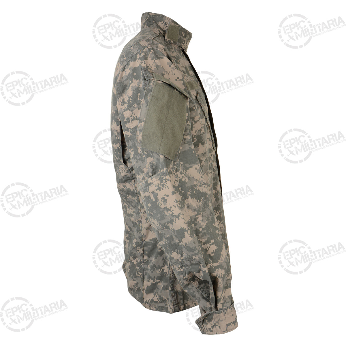 Side profile of the US Army ACU field jacket, highlighting the durable ripstop fabric construction and sleeve storage.