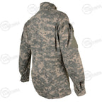Rear three-quarter view of the ACU combat jacket, demonstrating the fit and digital camouflage pattern.