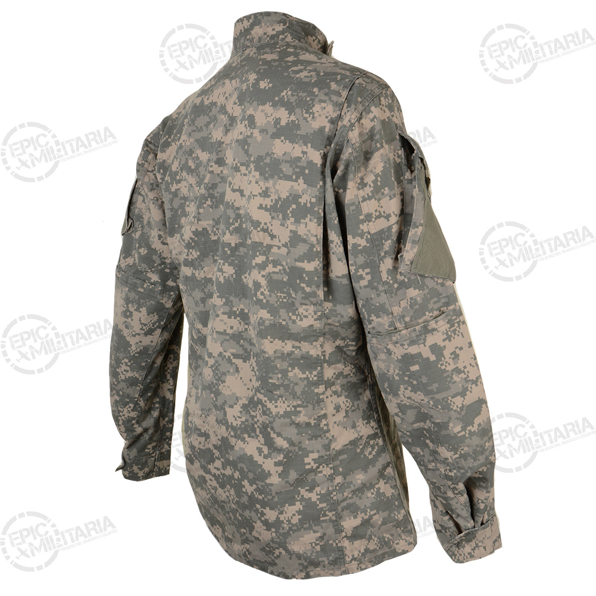 Rear three-quarter view of the ACU combat jacket, demonstrating the fit and digital camouflage pattern.