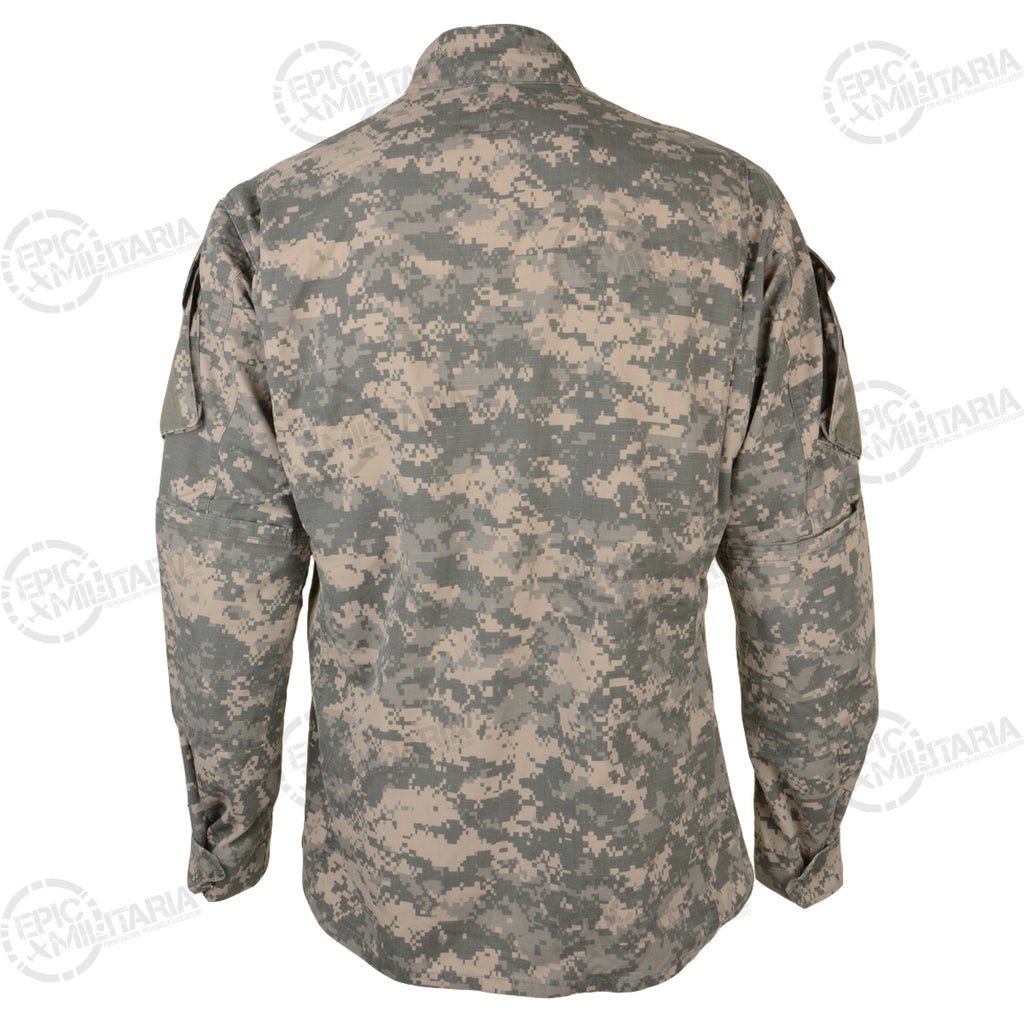 Rear view of the original US Army ACU field jacket, showing the back design and reinforced shoulder construction.
