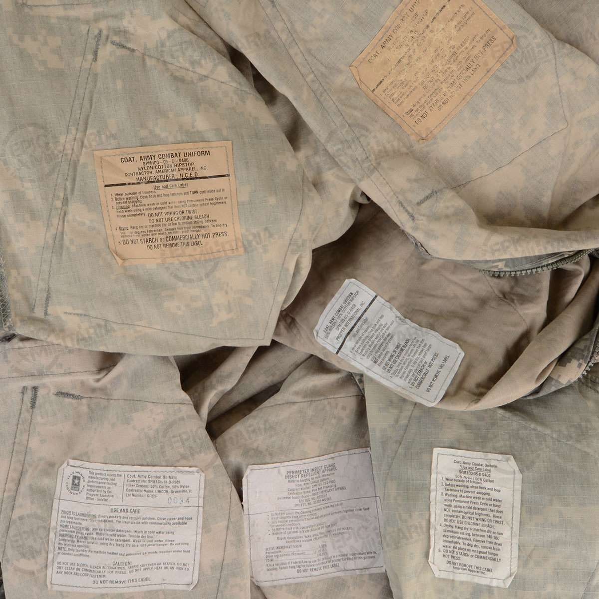 Detailed view of various internal care and manufacturing labels found inside authentic US Army combat uniform jackets.