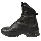 Medial side view of the Haix combat hiking boot showing the smooth full-grain black leather uppers and robust polyurethane midsole.