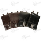 A collection of four original Austrian Army leather map cases, displaying variations in brown and black leather finishes.