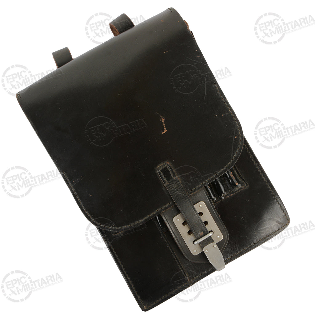 Front view of a black genuine leather Austrian Army map case with a secure metal buckle and belt attachment loop.