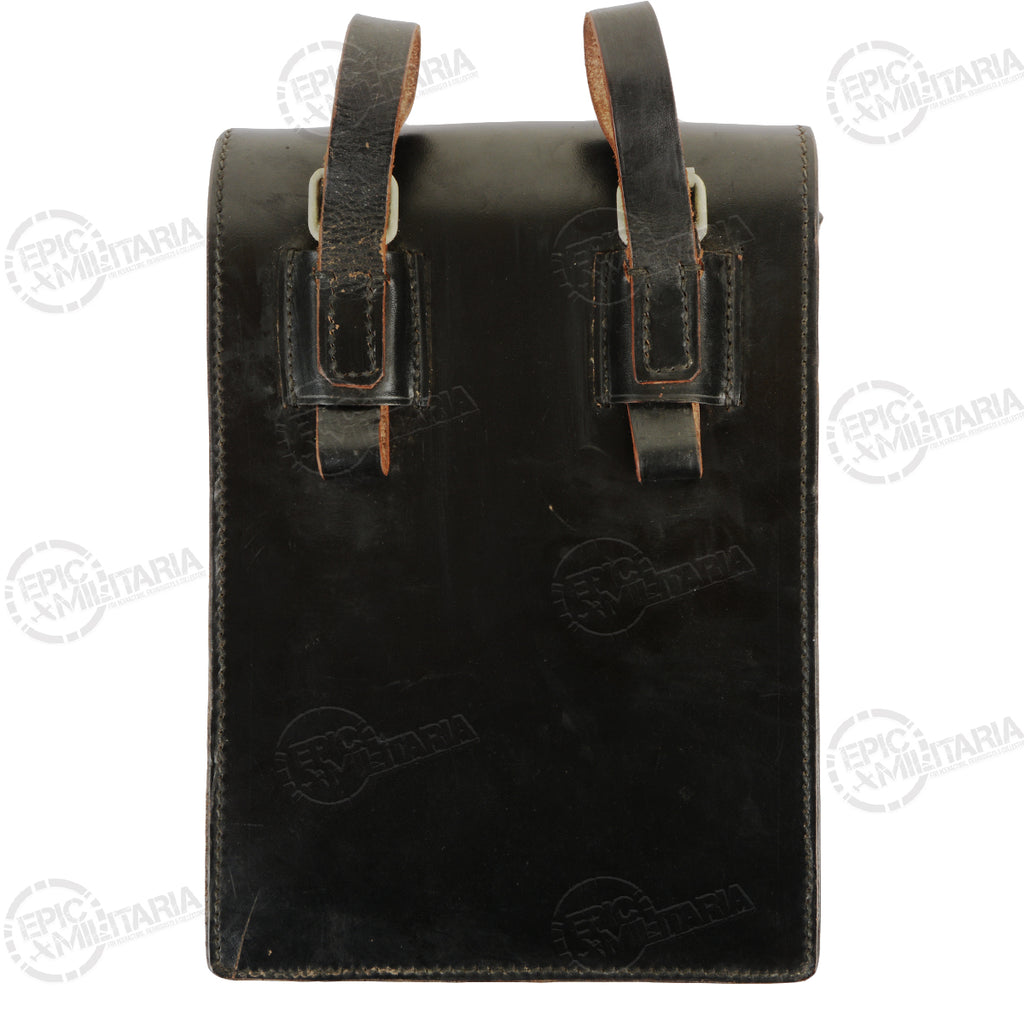 Rear view of a black Austrian Army surplus leather map case, showing sturdy belt loops for carry.