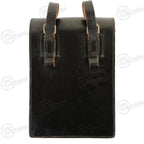 Rear view of a black Austrian Army surplus leather map case, showing sturdy belt loops for carry.
