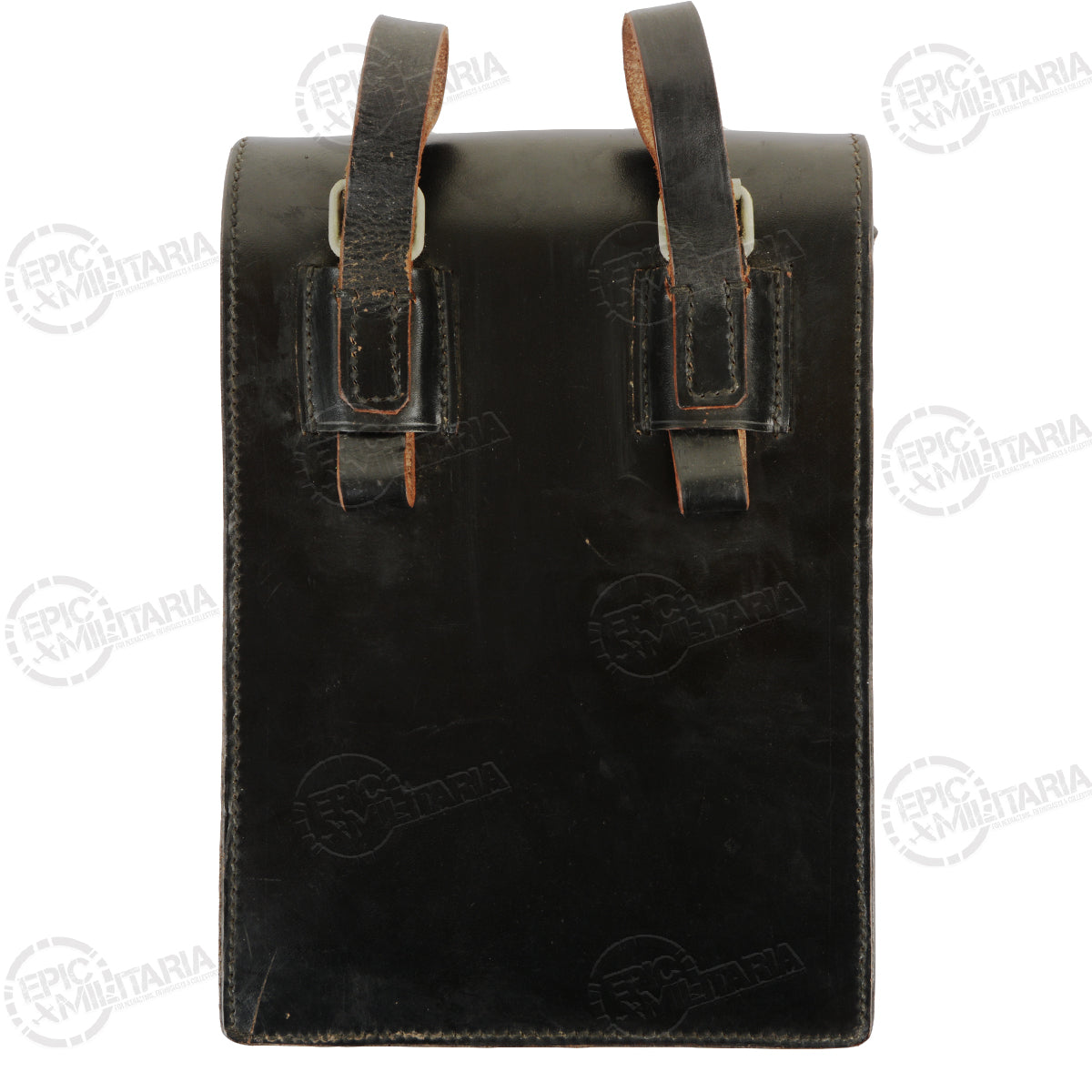Rear view of a black Austrian Army surplus leather map case, showing sturdy belt loops for carry.