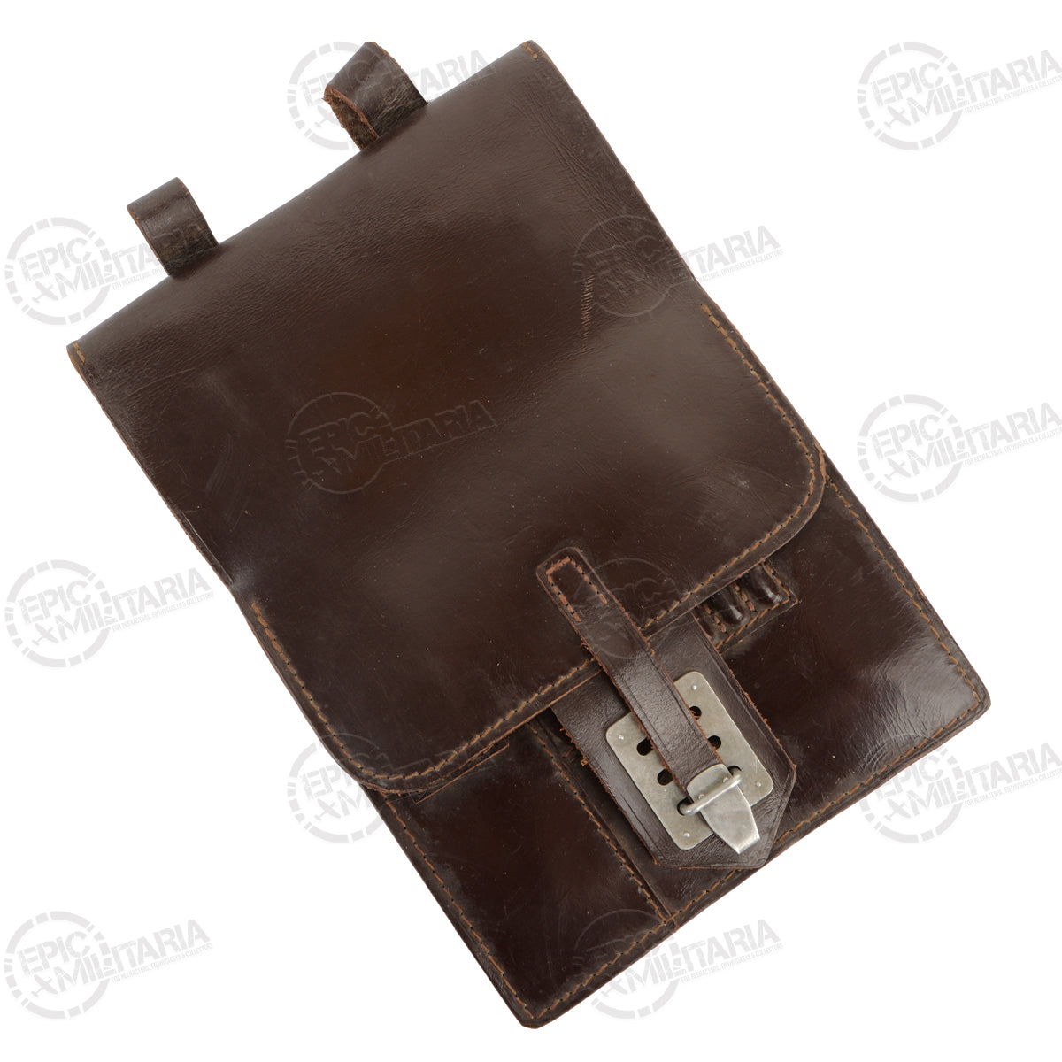 Front view of a brown genuine leather Austrian Army map case, showcasing classic military surplus design and patina.