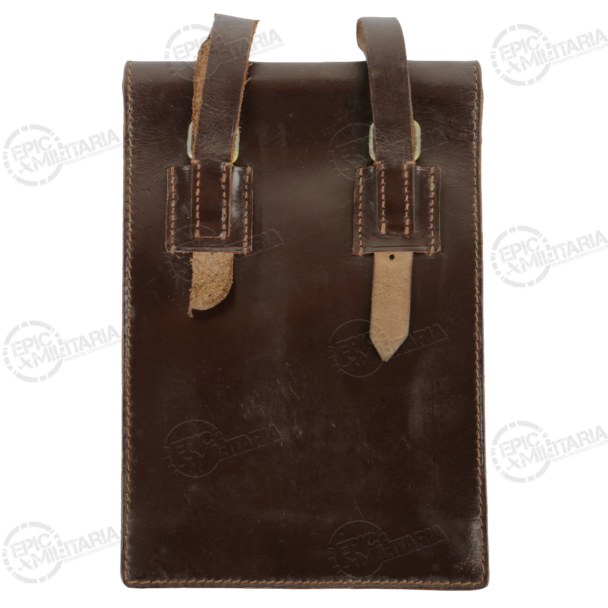 Rear view of a brown Austrian Army leather map case with two leather belt loops for secure attachment.
