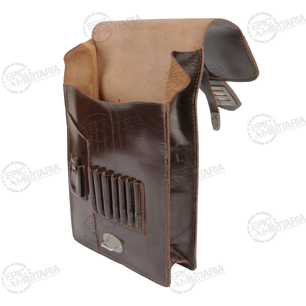 Angled side view of an open brown Austrian Army leather case displaying internal compartments and vintage details.