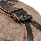 Close-up detail of the metal buckle and rivet hardware on the black leather strap securing the Czech M60 canteen cover.