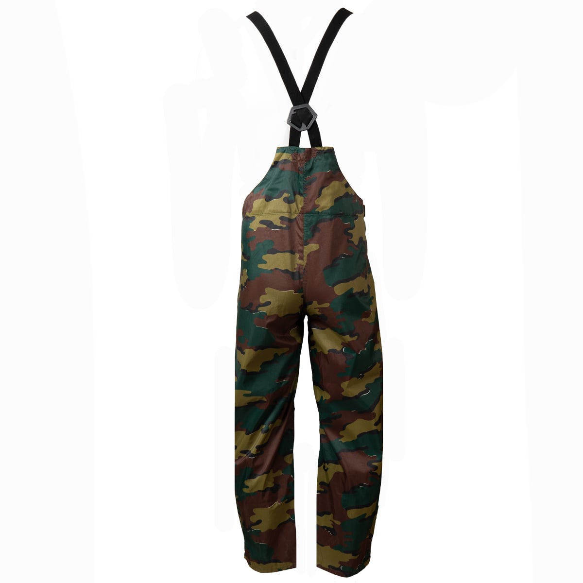 Rear view of original Belgian Army Gore-Tex overtrousers with suspension strap detailing.