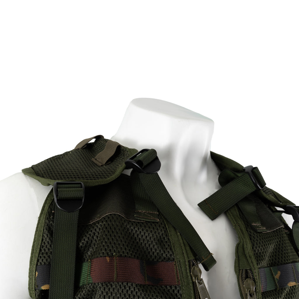 Top shoulder detail of the Dutch Army tactical vest featuring padded mesh fabric and heavy-duty adjustable straps.