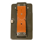 Rear view of a vintage Swiss Army signalling torch featuring a brown leather mounting strap and embossed text.