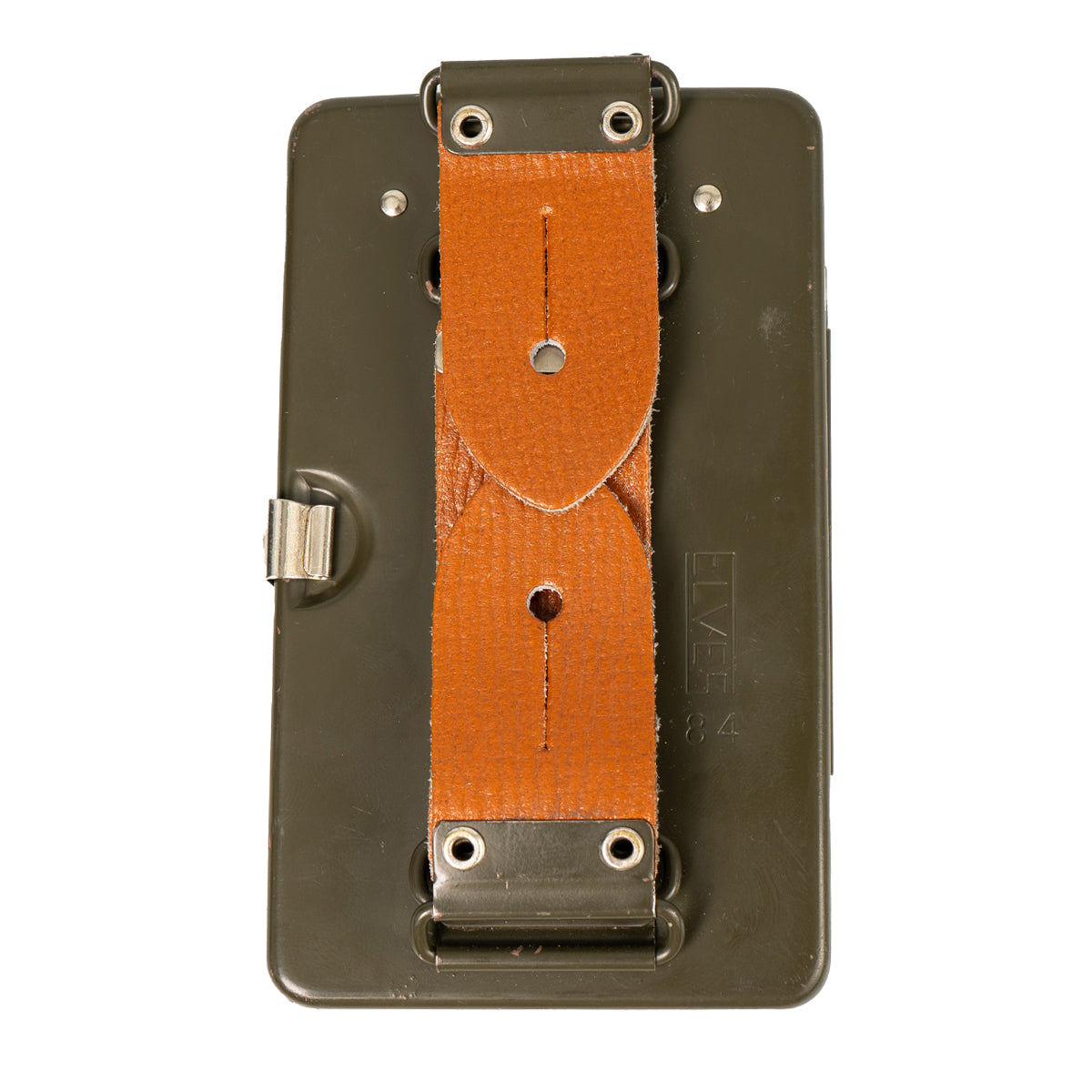 Rear view of a vintage Swiss Army signalling torch featuring a brown leather mounting strap and embossed text.
