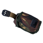 Angled top view of the pouch with the front Spanish fly closure unbuckled and pulled open to show the spacious main compartment.