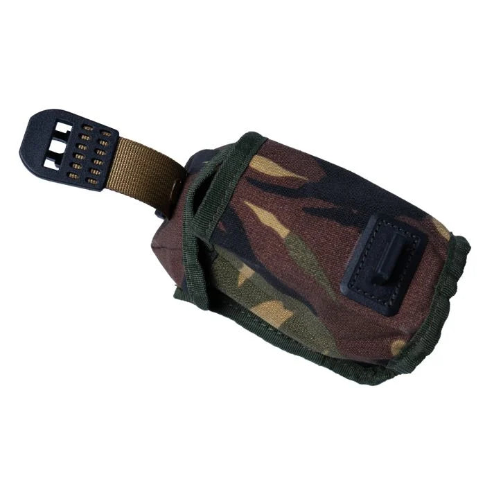 Angled top view of the pouch with the front Spanish fly closure unbuckled and pulled open to show the spacious main compartment.