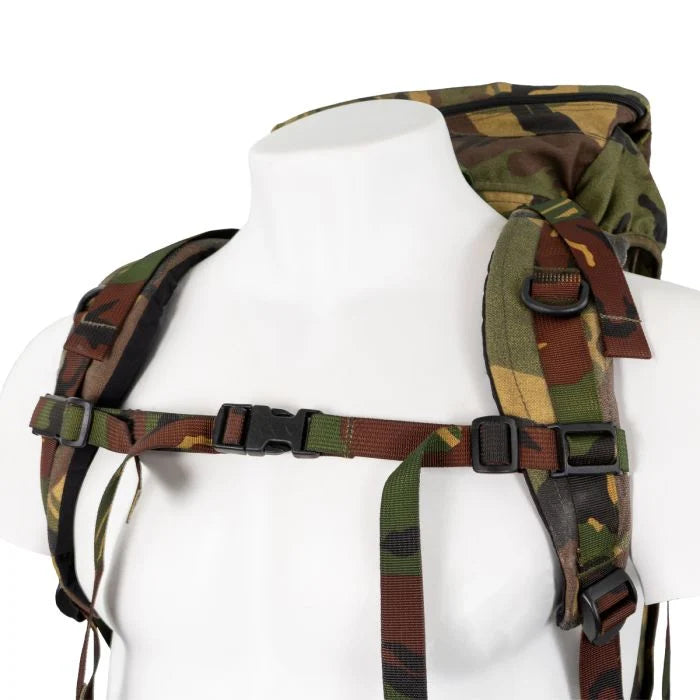 Close-up of the padded shoulder straps and adjustable sternum strap with plastic quick-release buckle.