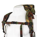 Close-up of the padded shoulder straps and adjustable sternum strap with plastic quick-release buckle.