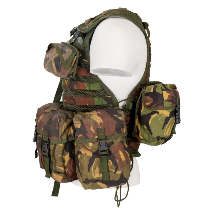 Side profile of Dutch DPM modular load bearing vest showing adjustable side cord lacing