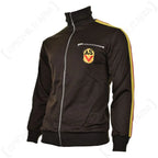 Side view of the brown DDR ASV sports jacket showing the yellow and red knit stripes running down the sleeves
