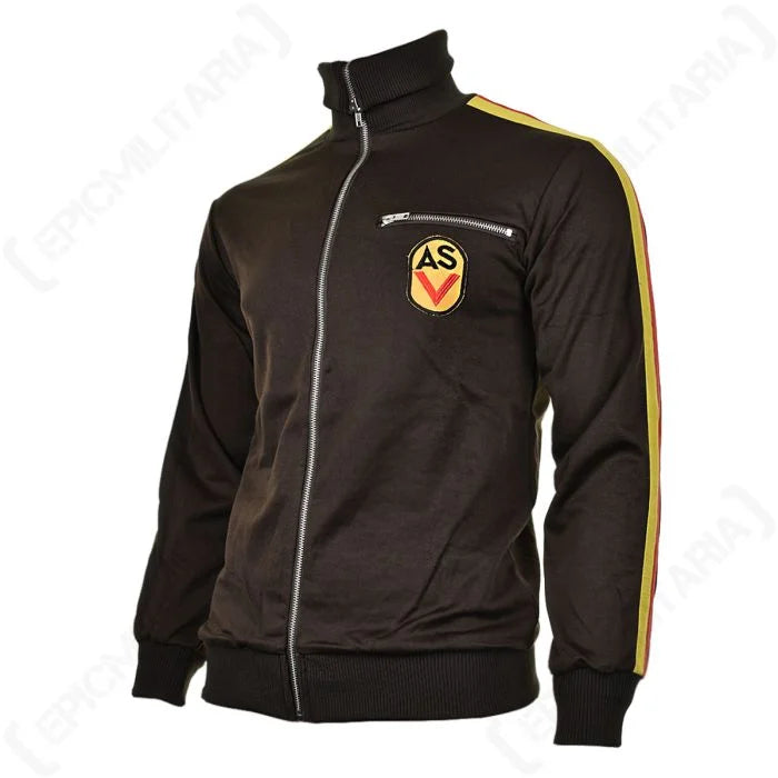 Side view of the brown DDR ASV sports jacket showing the yellow and red knit stripes running down the sleeves