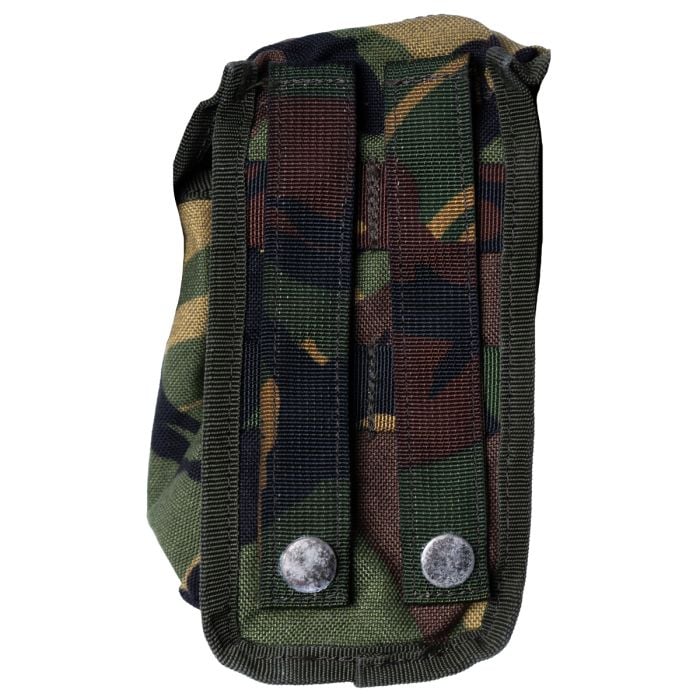 Rear view of the Dutch Army DPM MOLLE Ammo Pouch highlighting the two vertical MOLLE webbing straps with metal press studs.