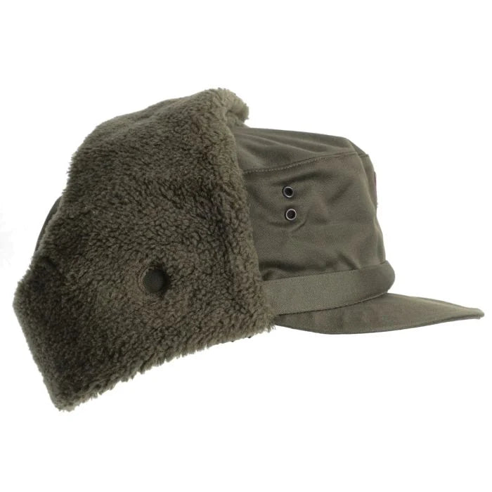 Side view of Austrian Bundesheer cold weather cap showing fleece ear flaps folded and press-stud fastener