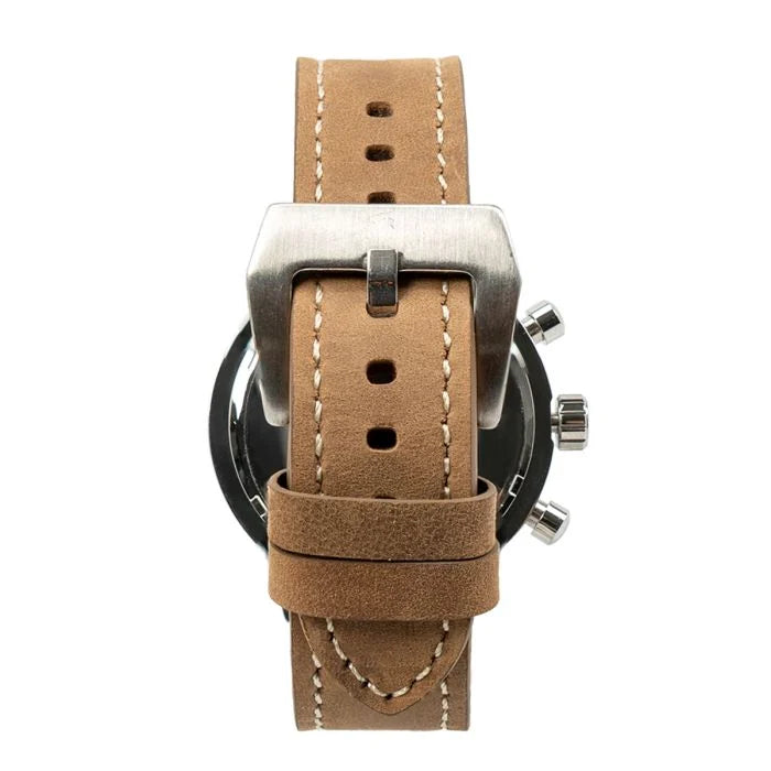 Rear strap view showing genuine brown leather band with brushed steel buckle and stitching
