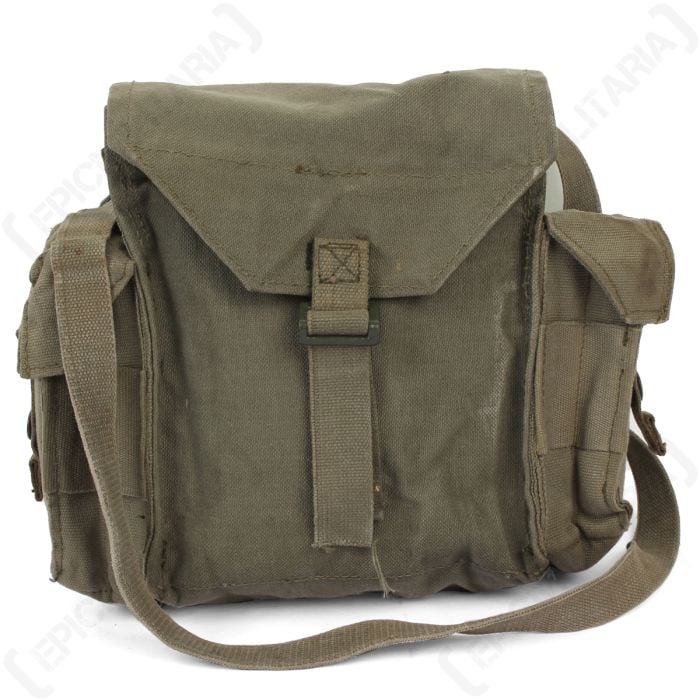 Front view of SADF 70 Pattern Small Pack showing top flap and metal strap buckle closure