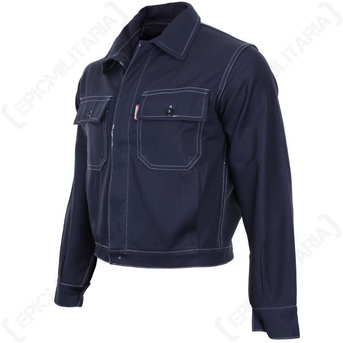 Side angled view of Italian military short work jacket with buttoned flap chest pockets