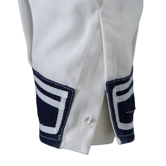 Close-up of the navy blue sleeve cuff with three white stripes and button closure on the German Navy sailor shirt