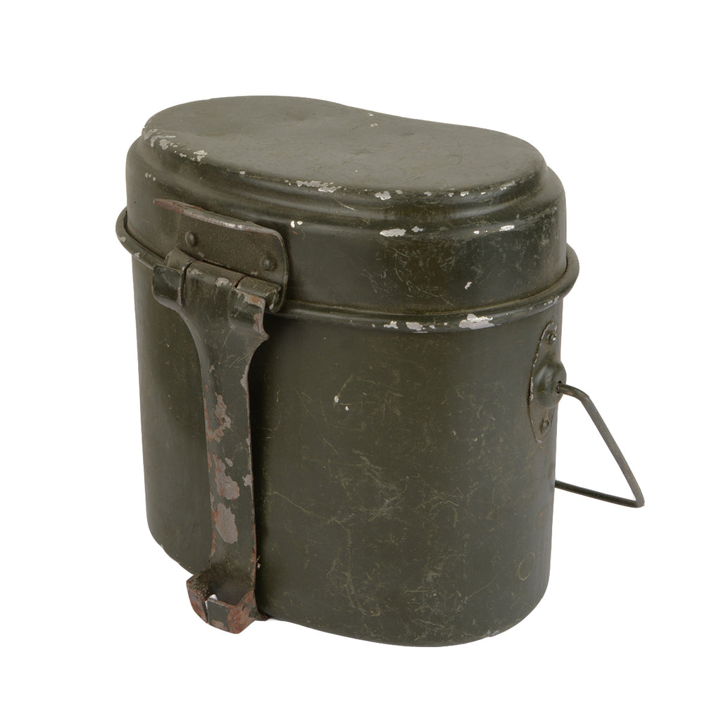 Genuine olive drab Romanian Army mess tin, angled side view showing metal handle and surplus wear.