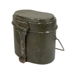 Genuine olive drab Romanian Army mess tin, angled side view showing metal handle and surplus wear.
