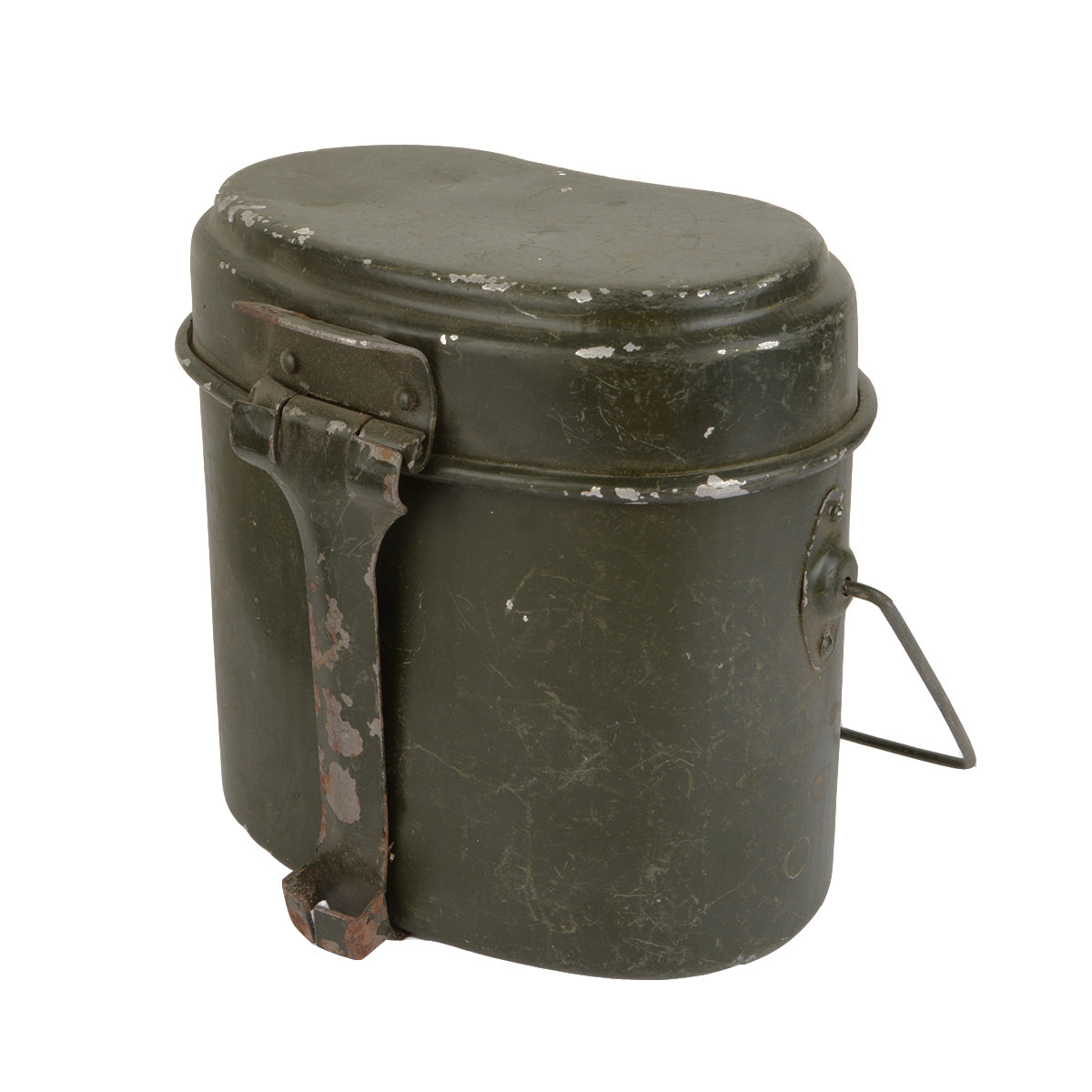 Genuine olive drab Romanian Army mess tin, angled side view showing metal handle and surplus wear.