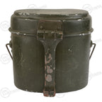Front profile of an authentic Romanian Army mess tin with its characteristic metal latch and chipped paint finish.
