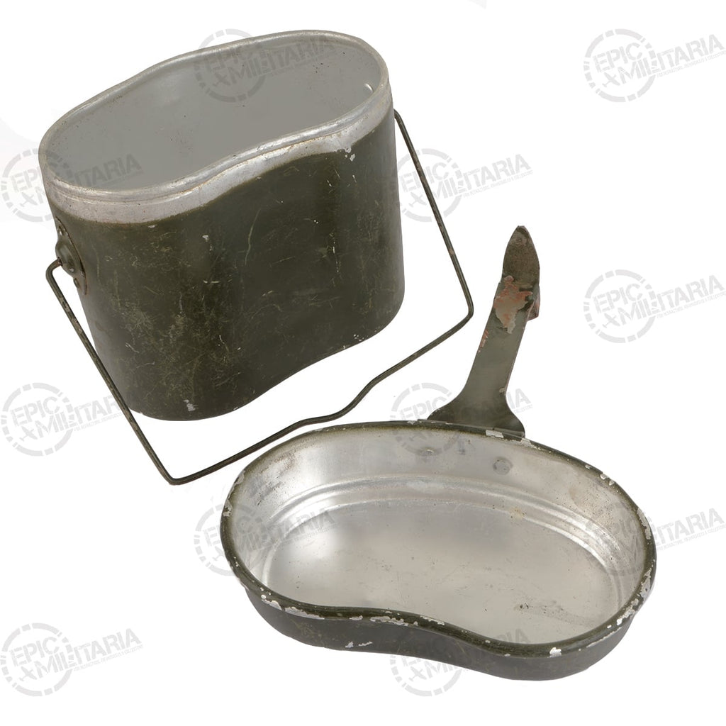 Disassembled Romanian Army mess tin with the lid separated to reveal the clean, durable metal interior surface.