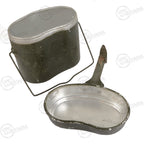 Disassembled Romanian Army mess tin with the lid separated to reveal the clean, durable metal interior surface.