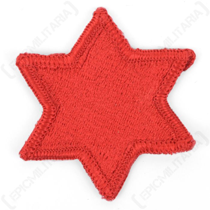 Front view of original US Army 6th Infantry Division red star embroidered patch
