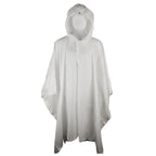 Front view of a white Swiss Army Poncho on a mannequin, featuring an integrated hood with a drawstring and popper-button closures.