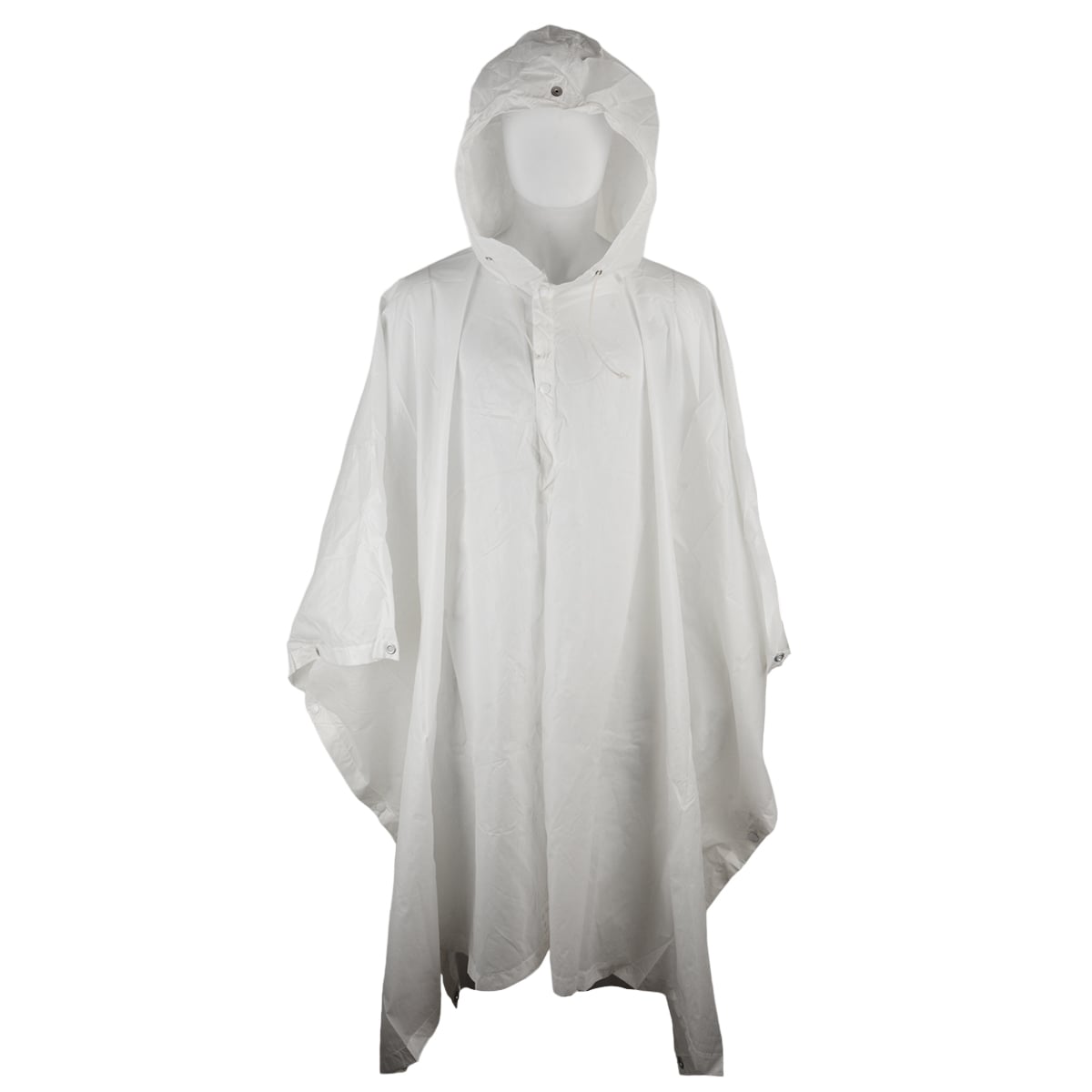Front view of a white Swiss Army Poncho on a mannequin, featuring an integrated hood with a drawstring and popper-button closures.
